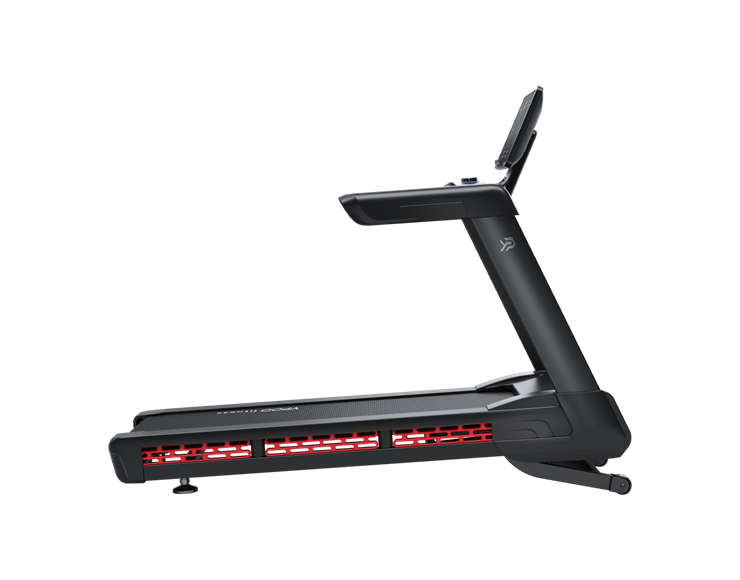 Side view of a YPOO treadmill showing its running belt, frame, and console